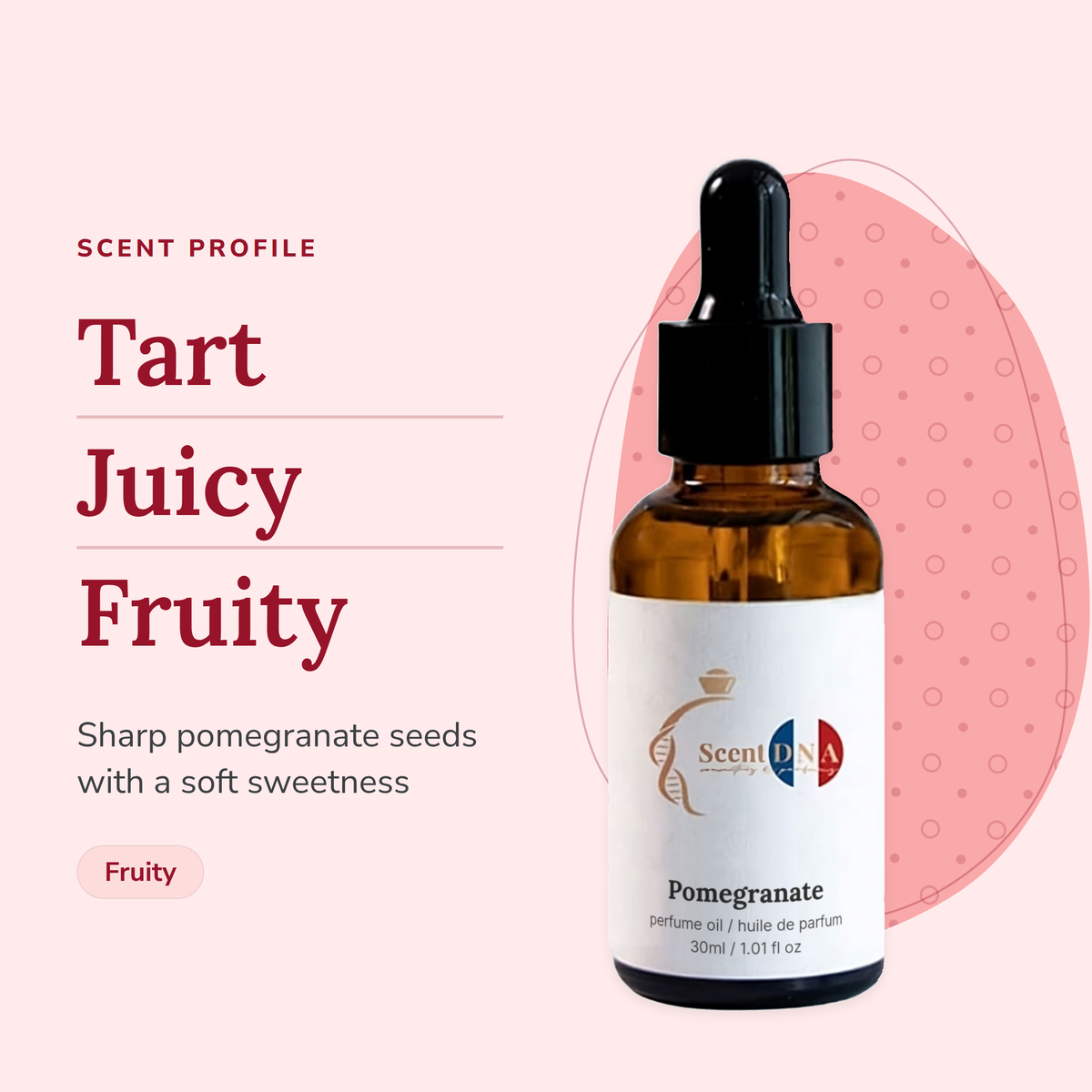 Pomegranate Perfume Oil scent profile: tart, juicy, fruity. Sharp pomegranate seeds with a soft sweetness