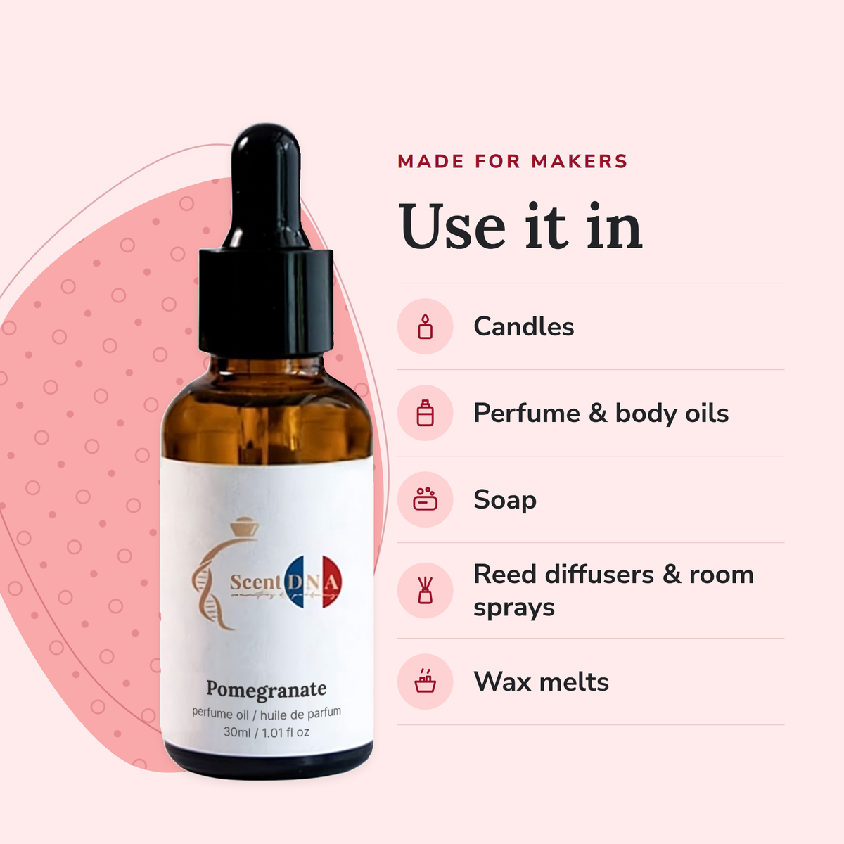 Pomegranate Perfume Oil uses: candles, perfume & body oils, soap, reed diffusers & room sprays, wax melts