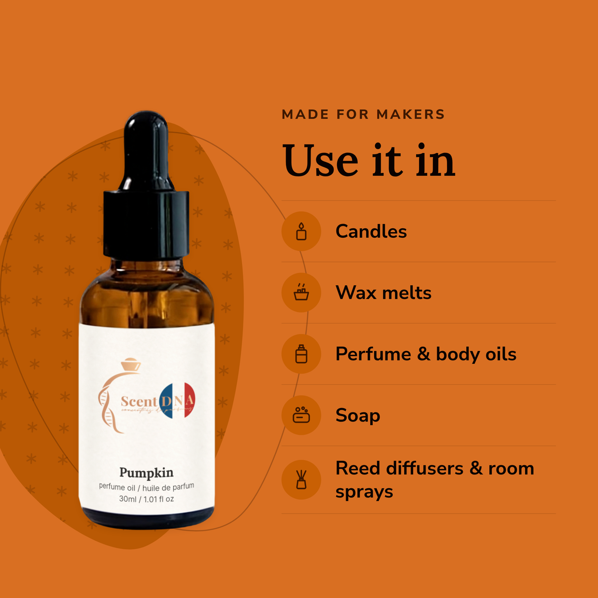 Pumpkin Perfume Oil uses: candles, wax melts, perfume & body oils, soap, reed diffusers & room sprays