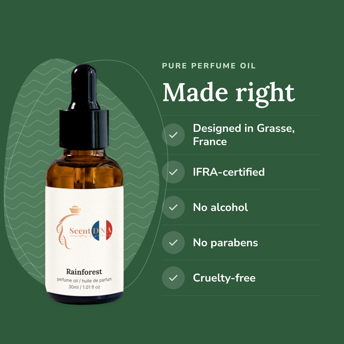 Rainforest Perfume Oil: designed in Grasse, IFRA-certified, no alcohol, no parabens, cruelty-free