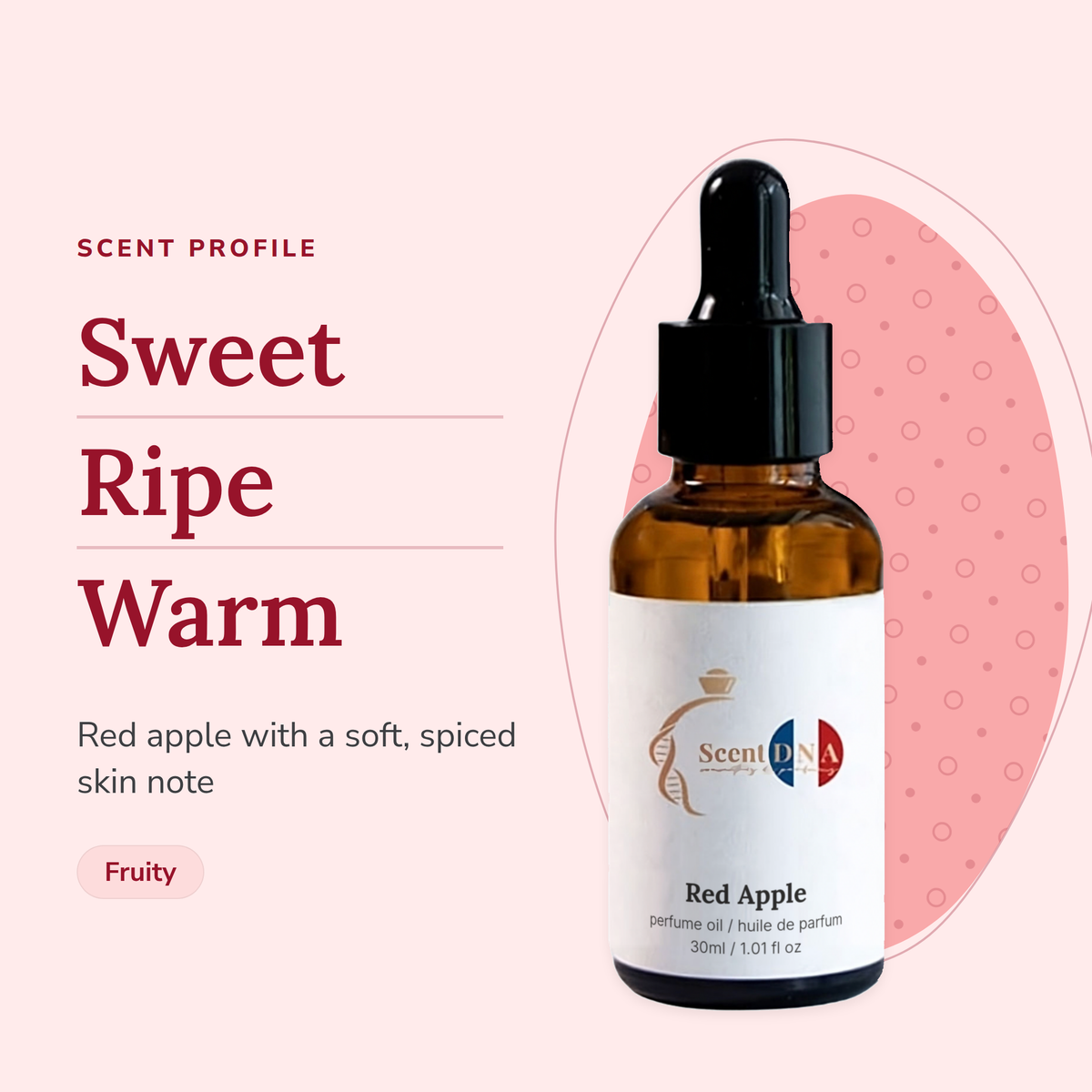 Red Apple Perfume Oil scent profile: sweet, ripe, warm. Red apple with a soft, spiced skin note
