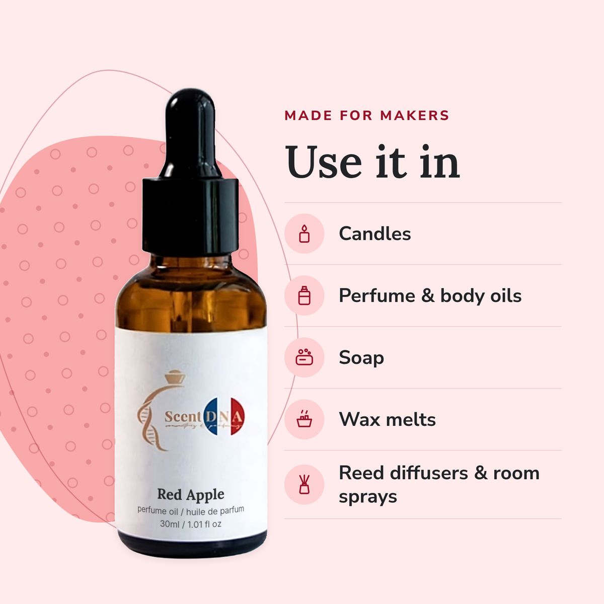 Red Apple Perfume Oil uses: candles, perfume & body oils, soap, wax melts, reed diffusers & room sprays