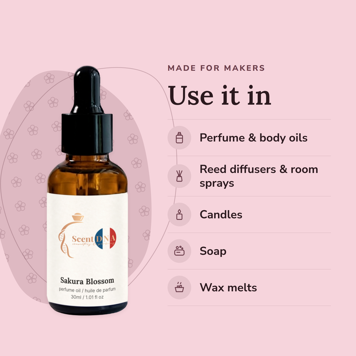 Sakura Blossom Perfume Oil uses: perfume & body oils, reed diffusers & room sprays, candles, soap, wax melts