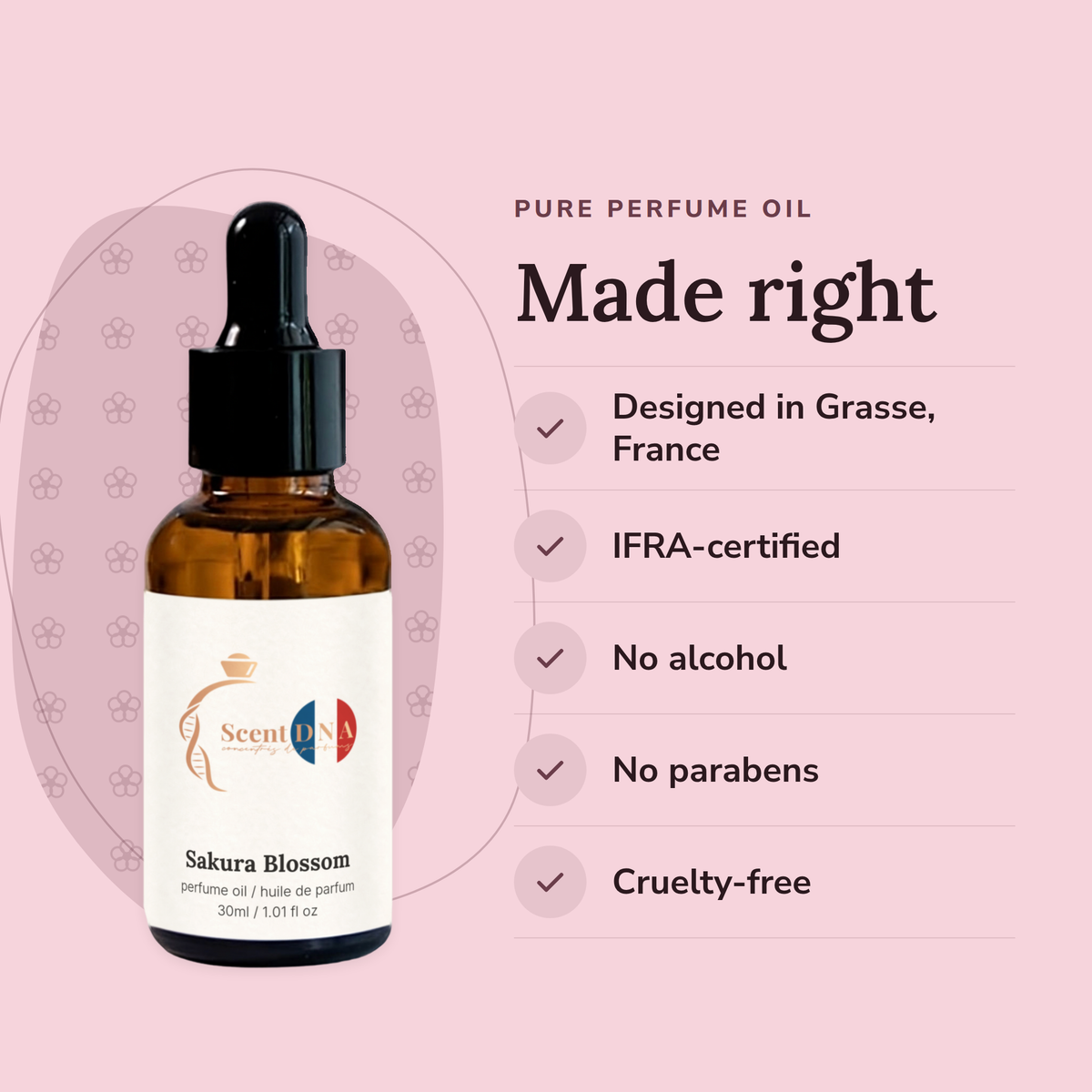 Sakura Blossom Perfume Oil: designed in Grasse, IFRA-certified, no alcohol, no parabens, cruelty-free