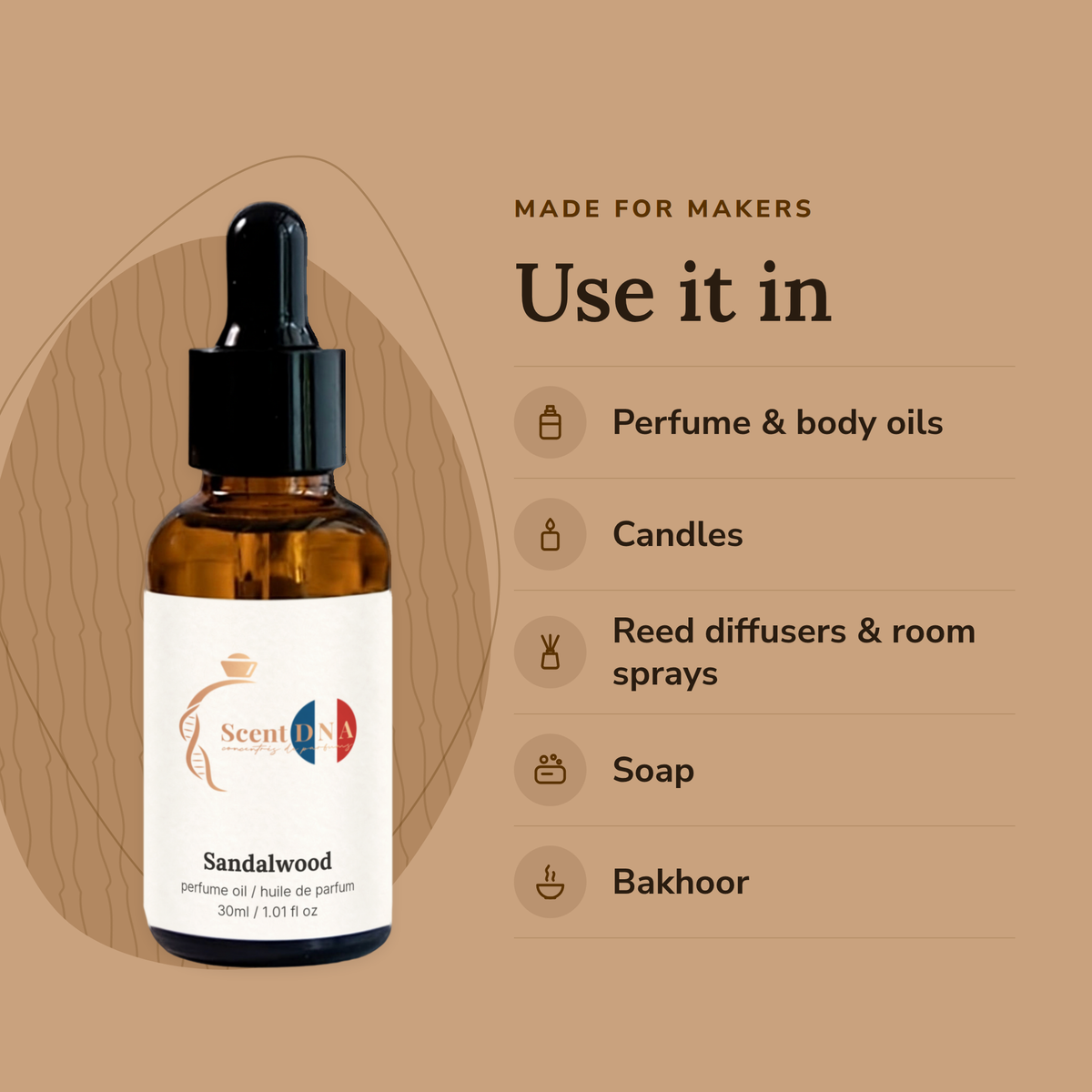 Sandalwood Perfume Oil uses: perfume & body oils, candles, reed diffusers & room sprays, soap, bakhoor