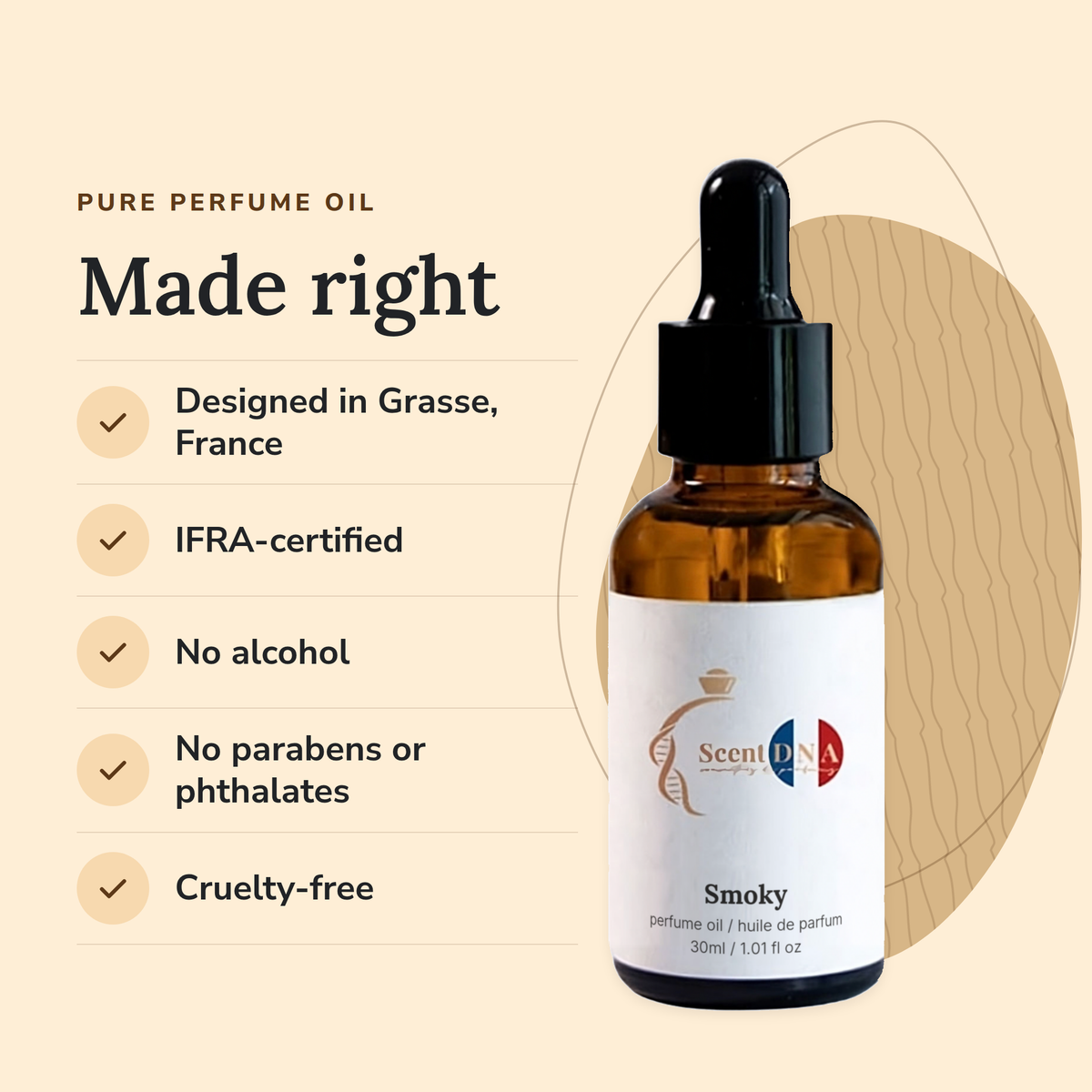 Smoky Perfume Oil: designed in Grasse, IFRA-certified, no alcohol, no parabens or phthalates, cruelty-free