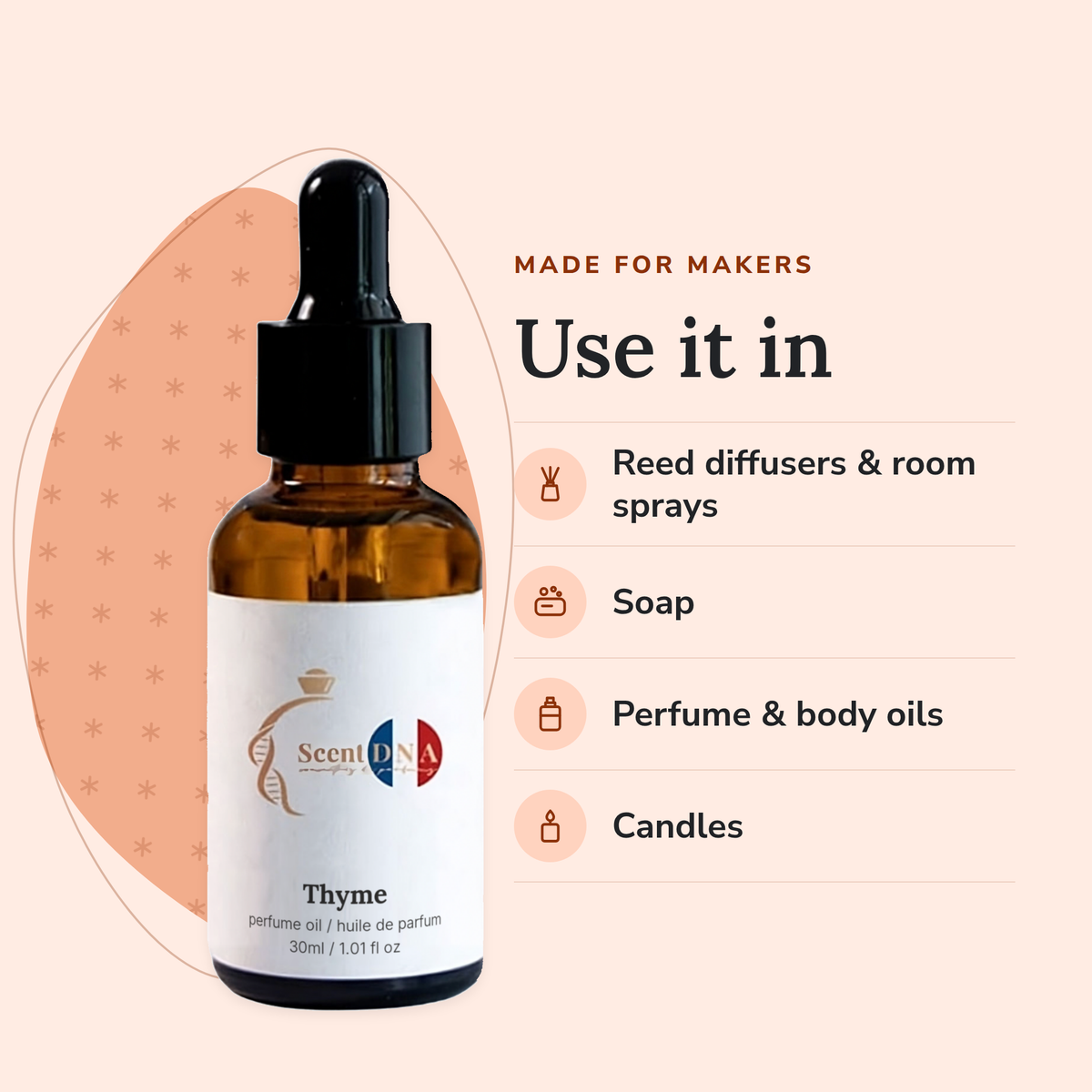Thyme Perfume Oil uses: reed diffusers & room sprays, soap, perfume & body oils, candles