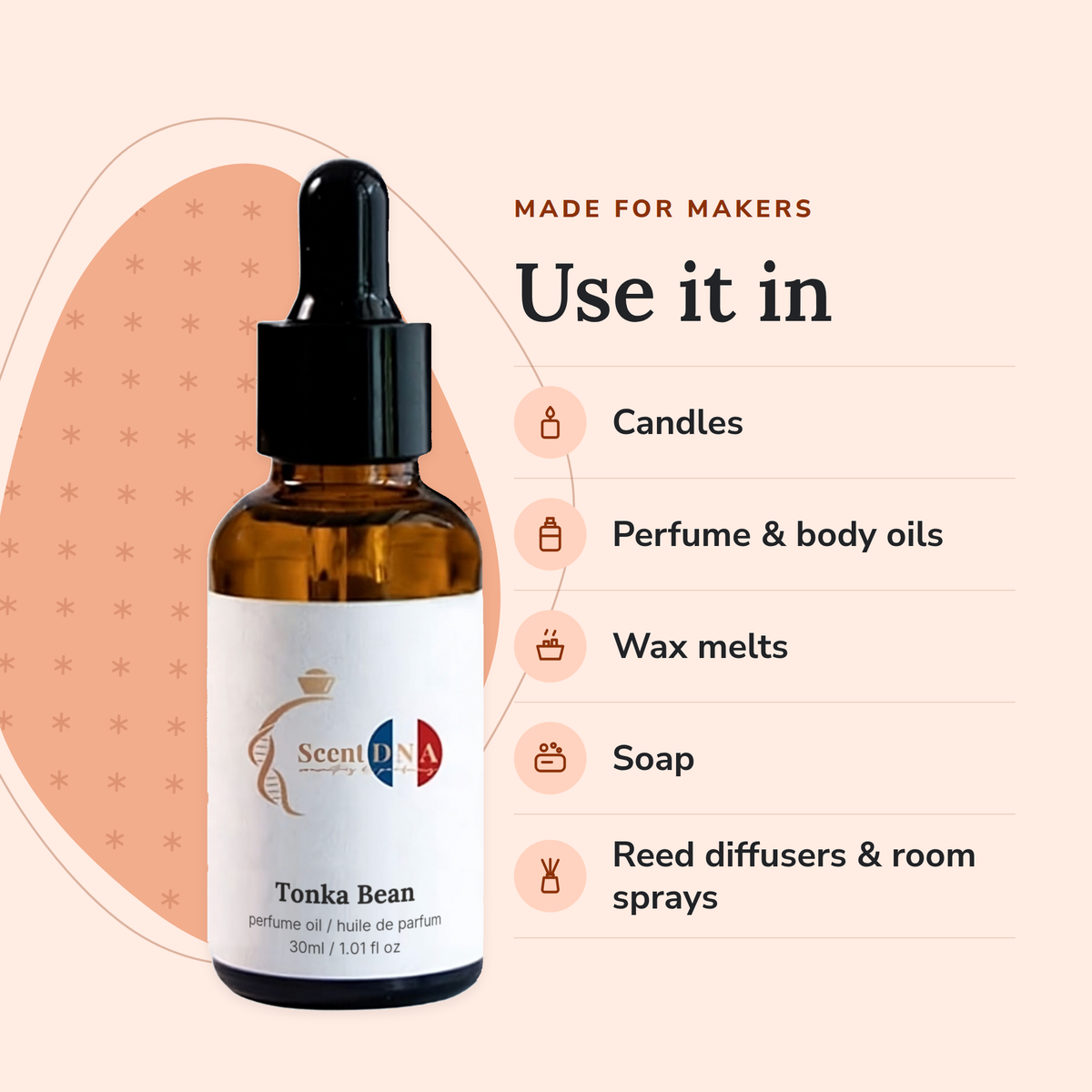 Tonka Bean Perfume Oil uses: candles, perfume & body oils, wax melts, soap, reed diffusers & room sprays