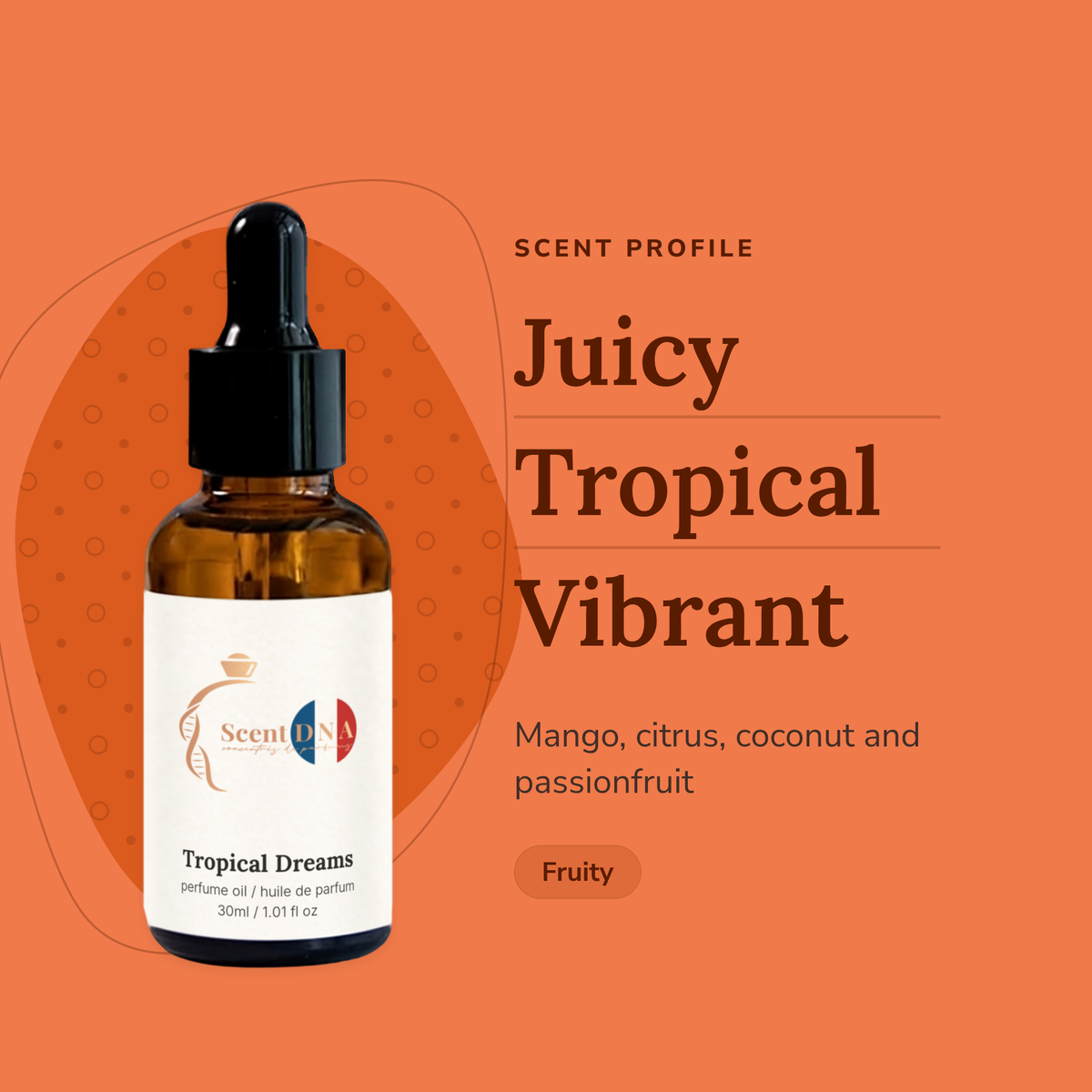 Tropical Dreams Perfume Oil scent profile: juicy, tropical, vibrant. Mango, citrus, coconut and passionfruit