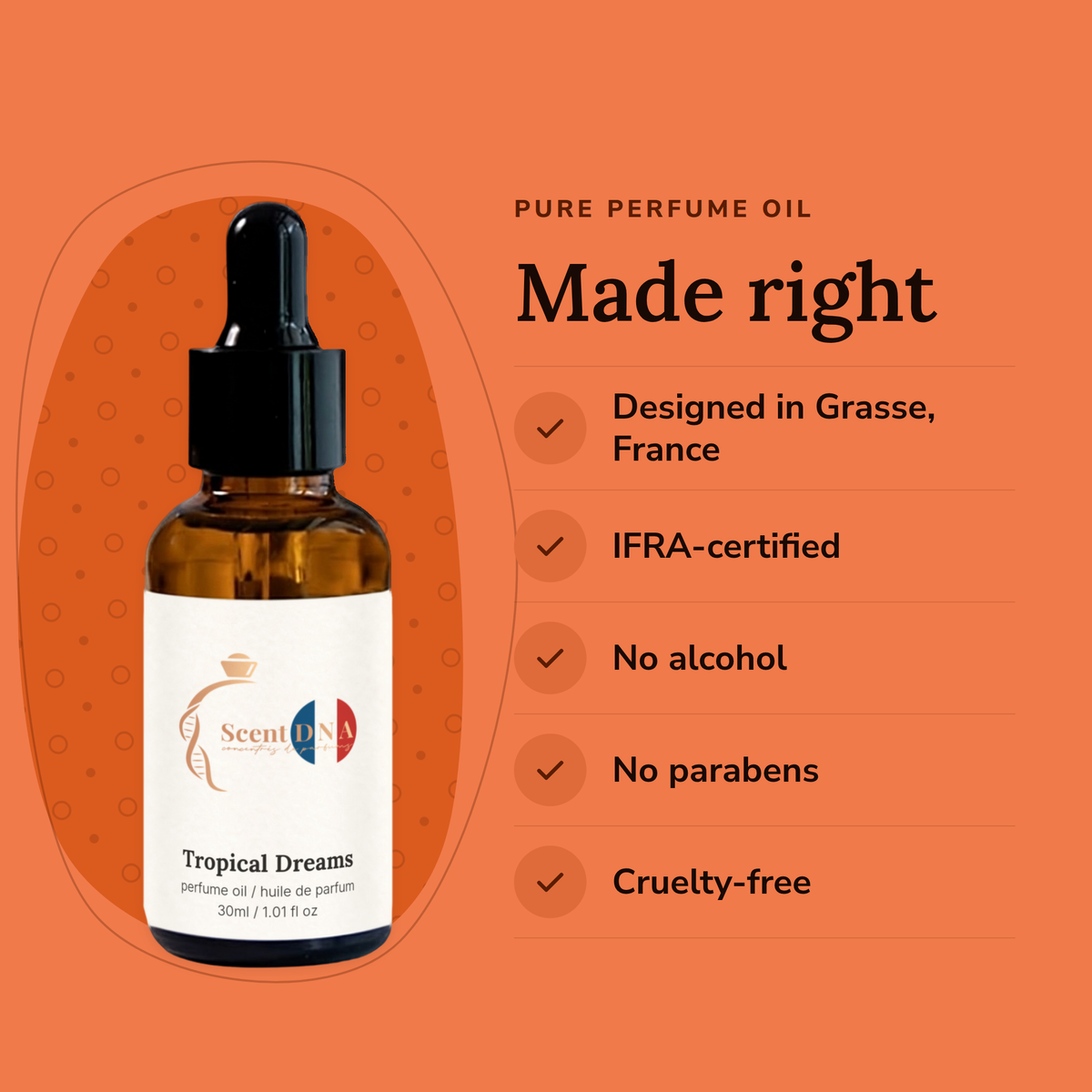 Tropical Dreams Perfume Oil: designed in Grasse, IFRA-certified, no alcohol, no parabens, cruelty-free