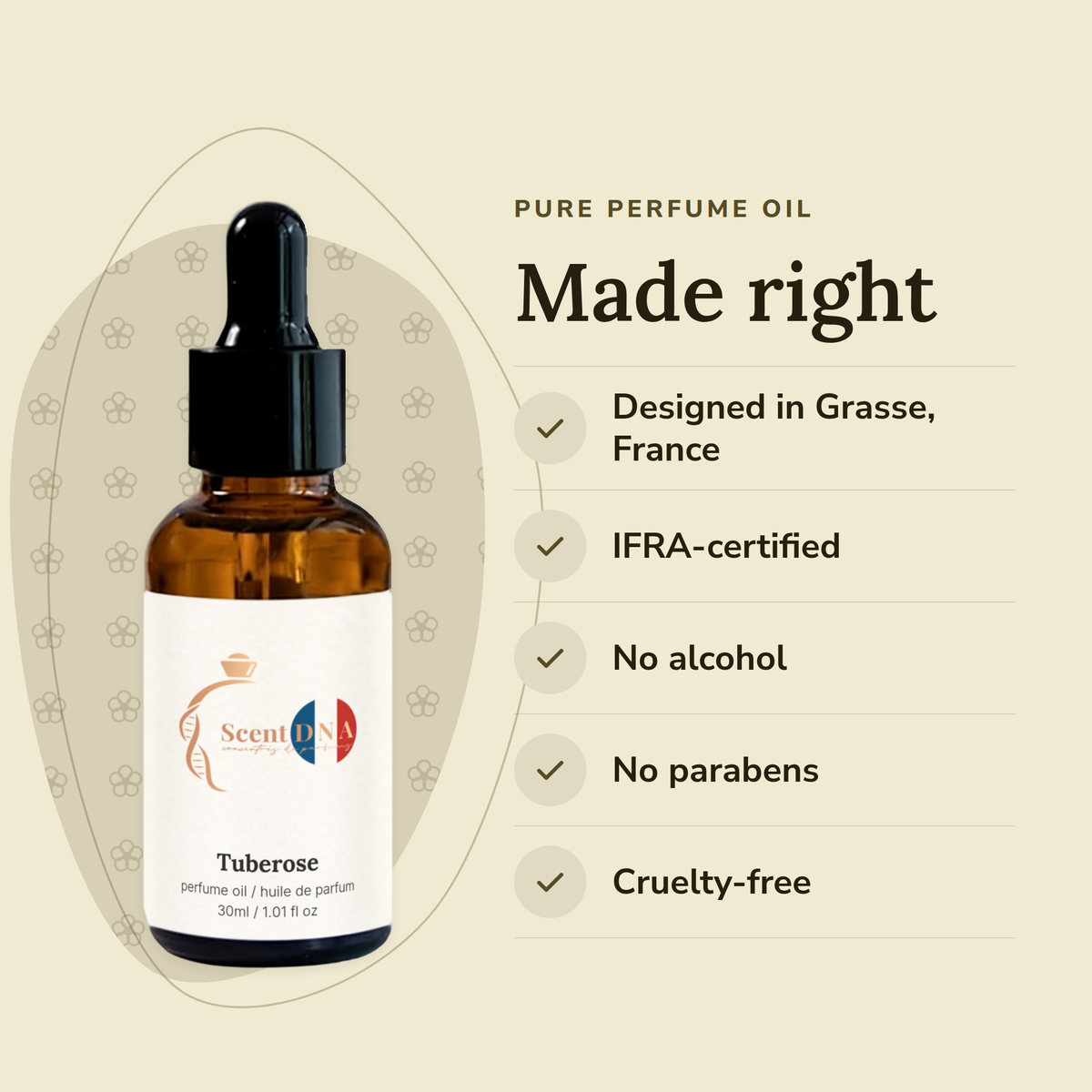 Tuberose Perfume Oil: designed in Grasse, IFRA-certified, no alcohol, no parabens, cruelty-free