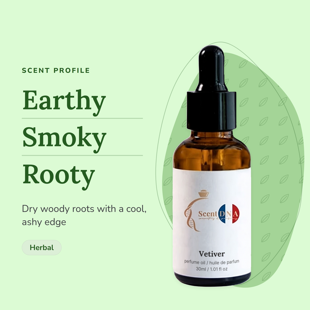 Vetiver Perfume Oil scent profile: earthy, smoky, rooty. Dry woody roots with a cool, ashy edge