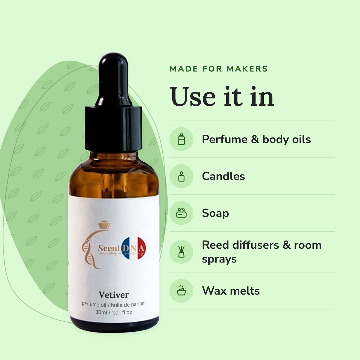 Vetiver Perfume Oil uses: perfume & body oils, candles, soap, reed diffusers & room sprays, wax melts