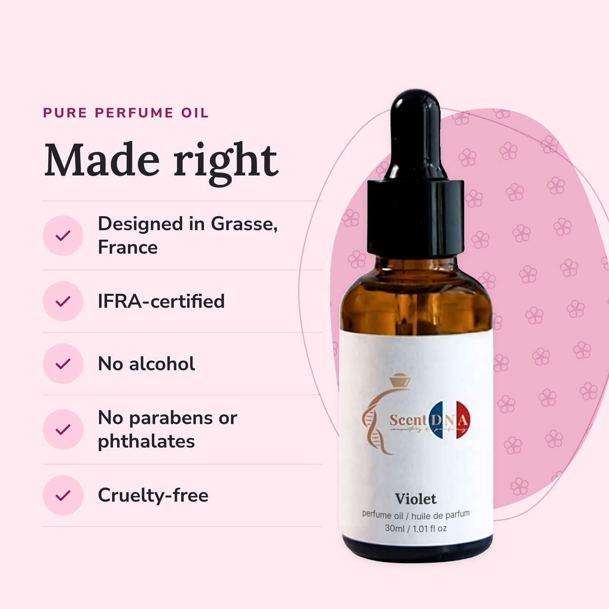 Violet Perfume Oil: designed in Grasse, IFRA-certified, no alcohol, no parabens or phthalates, cruelty-free