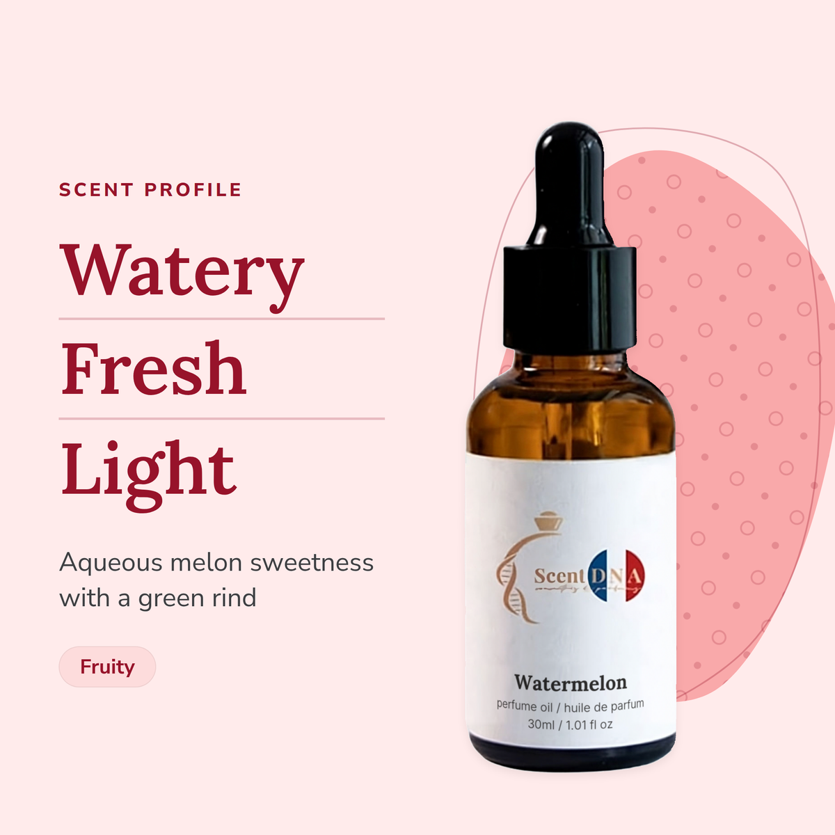 Watermelon Perfume Oil scent profile: watery, fresh, light. Aqueous melon sweetness with a green rind