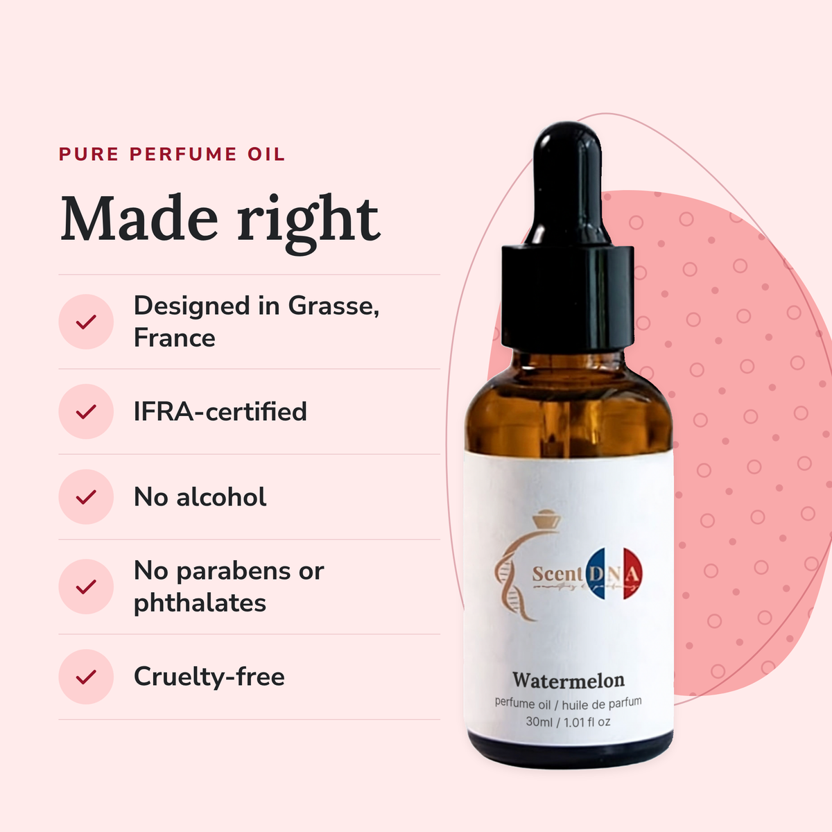 Watermelon Perfume Oil: designed in Grasse, IFRA-certified, no alcohol, no parabens or phthalates, cruelty-free