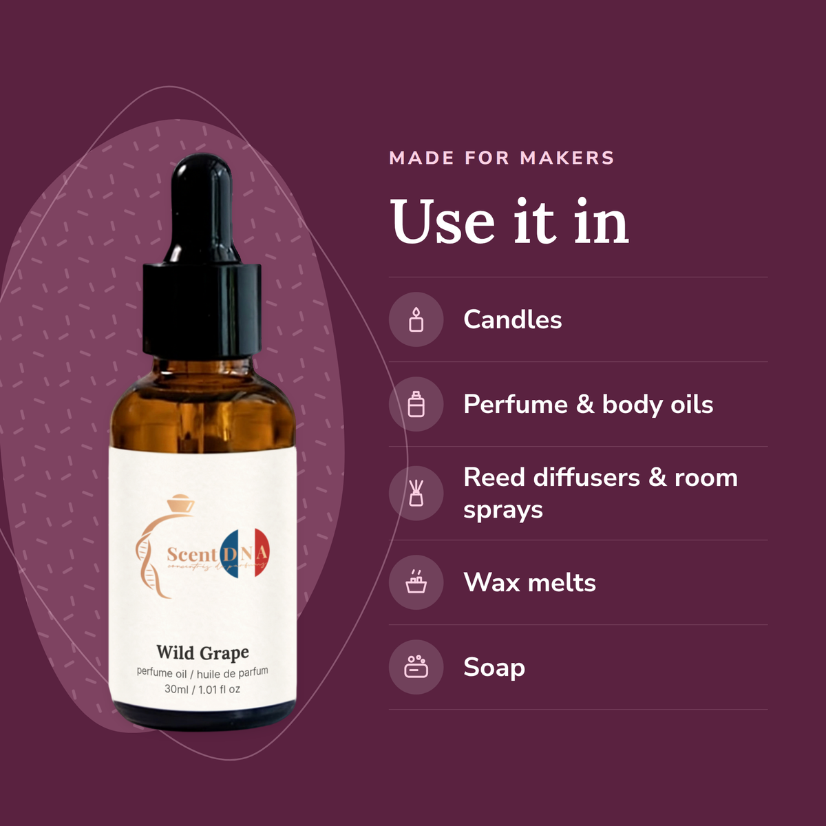 Wild Grape Perfume Oil uses: candles, perfume & body oils, reed diffusers & room sprays, wax melts, soap