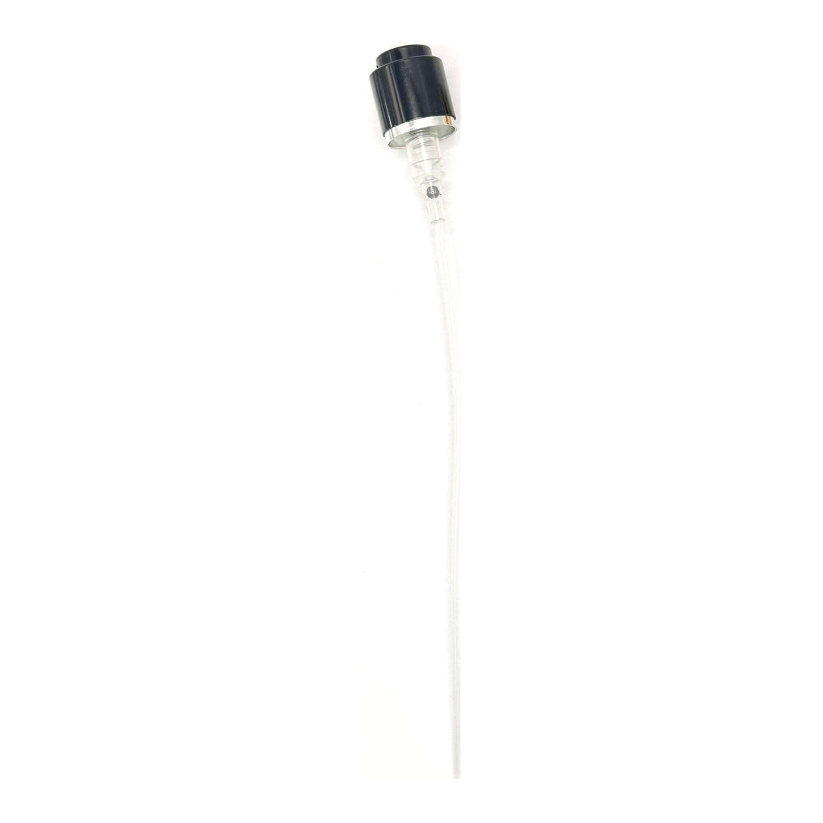 15mm Coster crimp-on perfume spray pump with a black collar, full length with its dip tube
