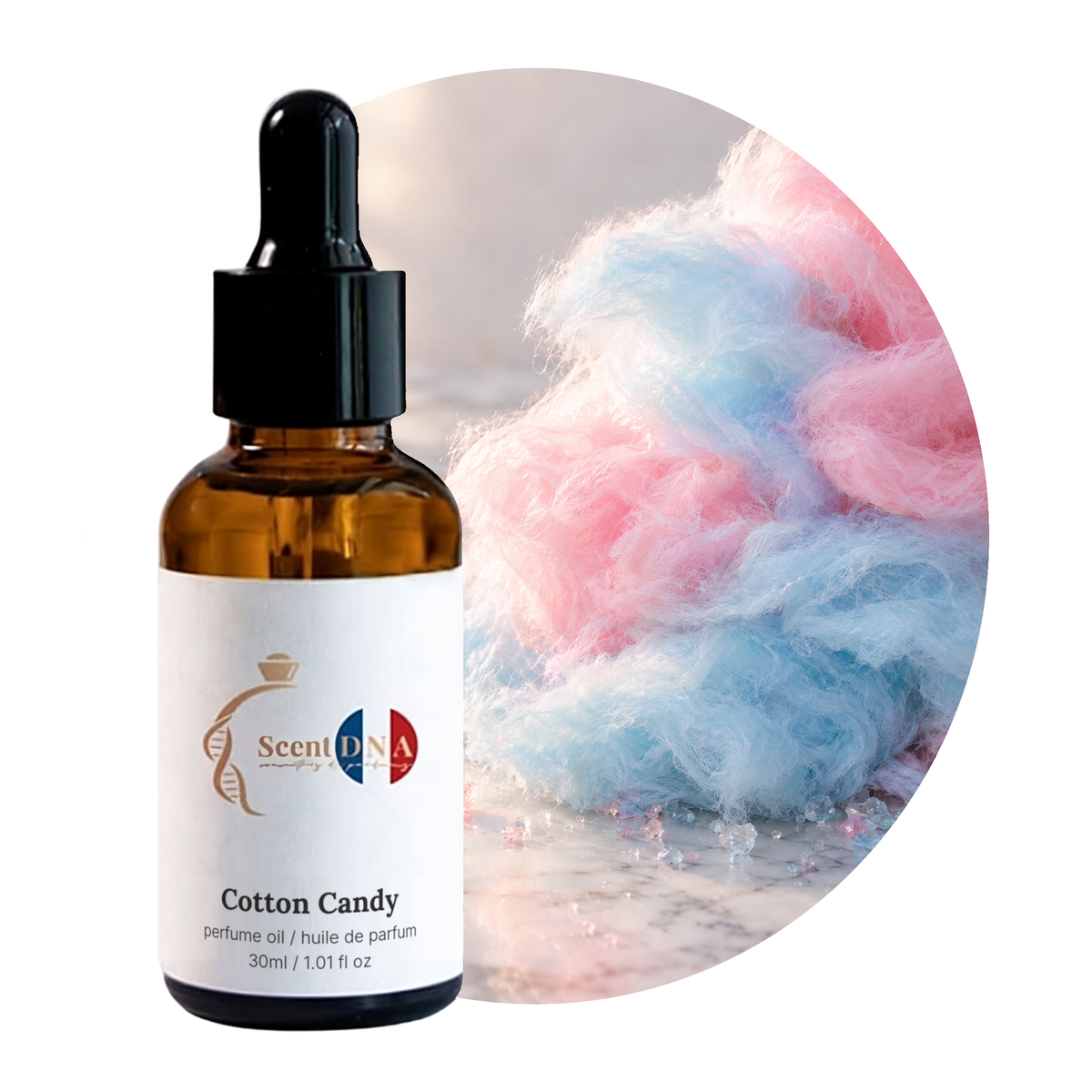 Cotton Candy Perfume Oil, 30ml amber dropper bottle, with pink and blue cotton candy on marble