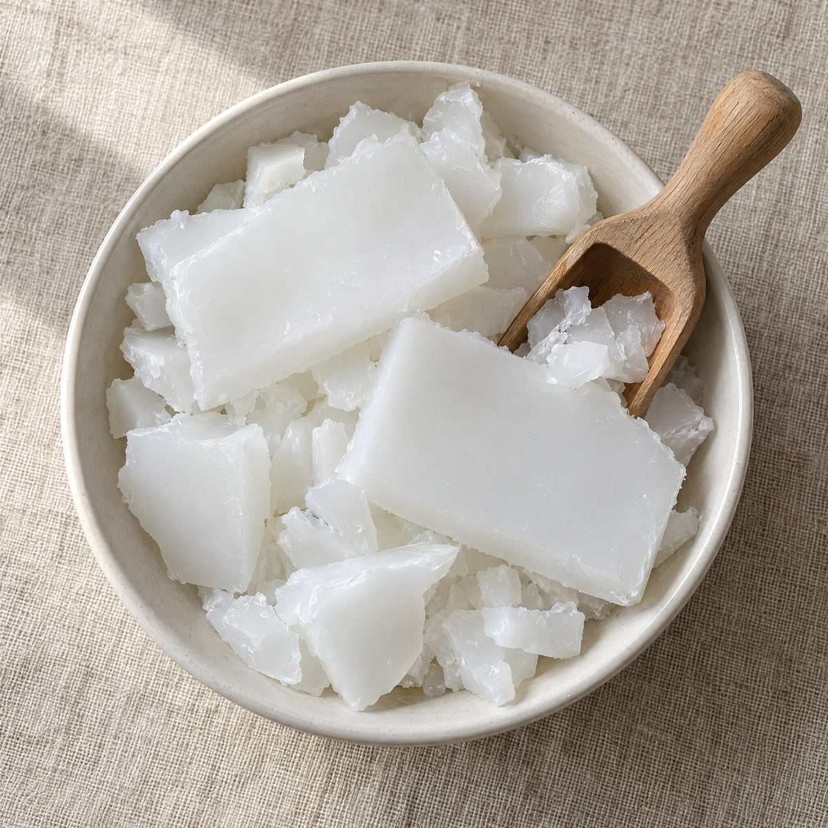 Fully refined paraffin wax pieces in a shallow bowl with a wooden scoop, seen from above on a linen surface