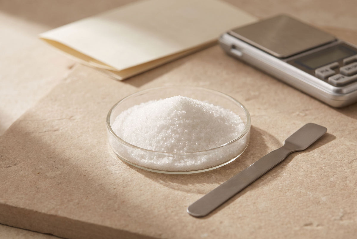 A glass dish of white ambroxan crystals beside a steel spatula and a pocket scale on a stone worktop