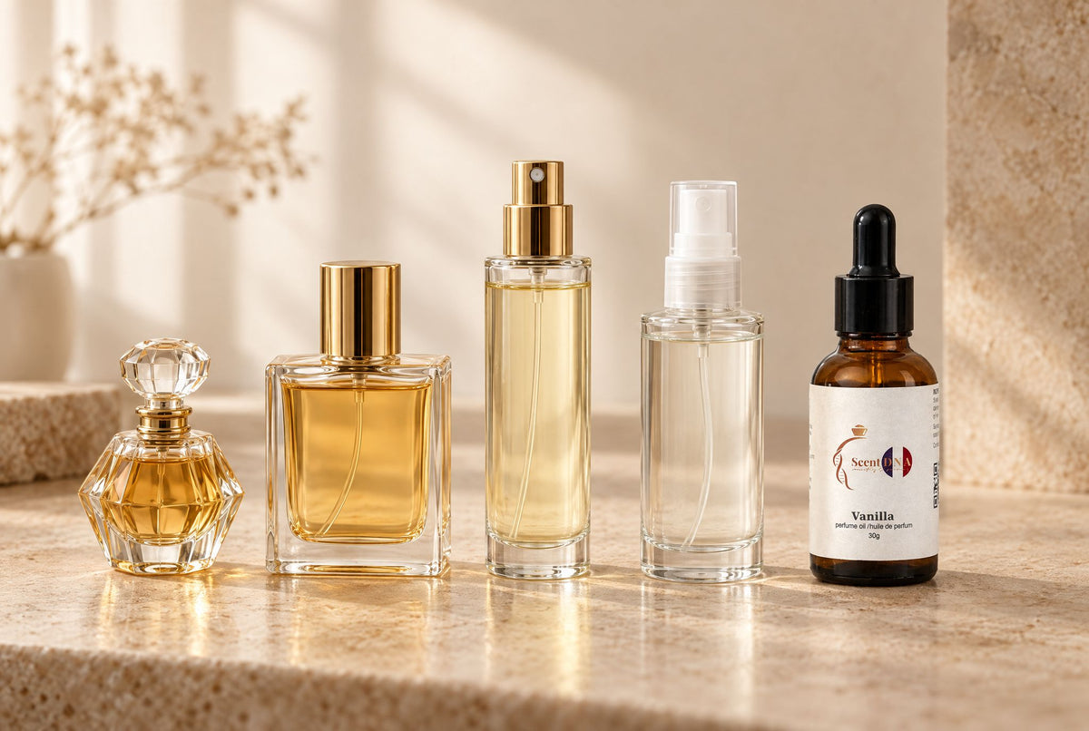 A row of fragrances from extrait to body mist, the liquid paler in each, ending with a Scent DNA Vanilla perfume oil dropper bottle