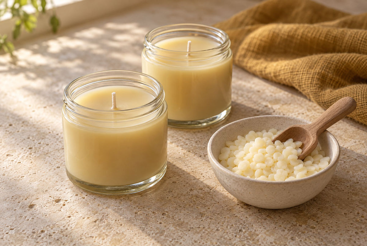 Two glass jar candles of pale beeswax beside a bowl of beeswax pastilles with a wooden scoop
