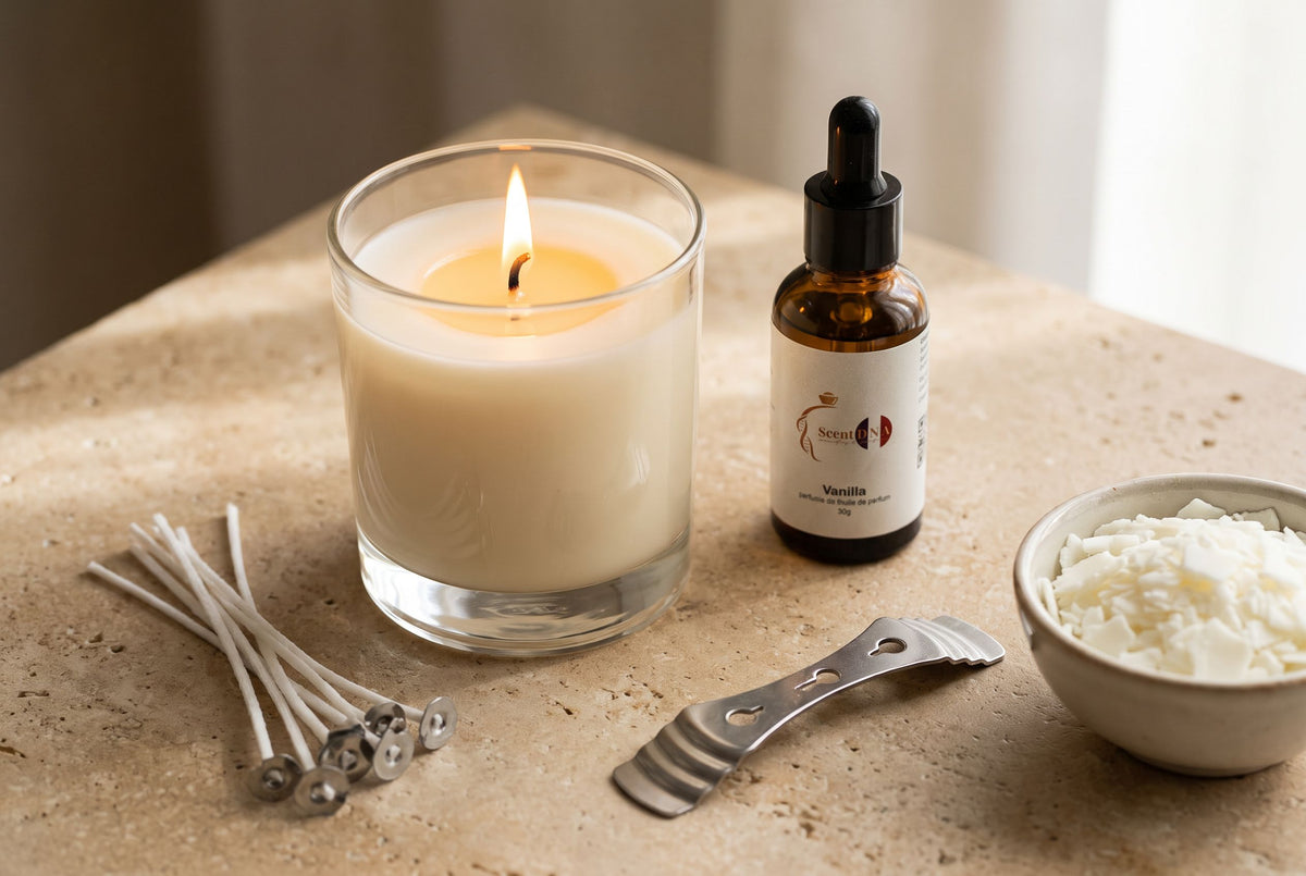 A soy candle burning evenly in a glass, beside cotton wicks, a wick centring bar, soy wax flakes and Scent DNA Vanilla perfume oil