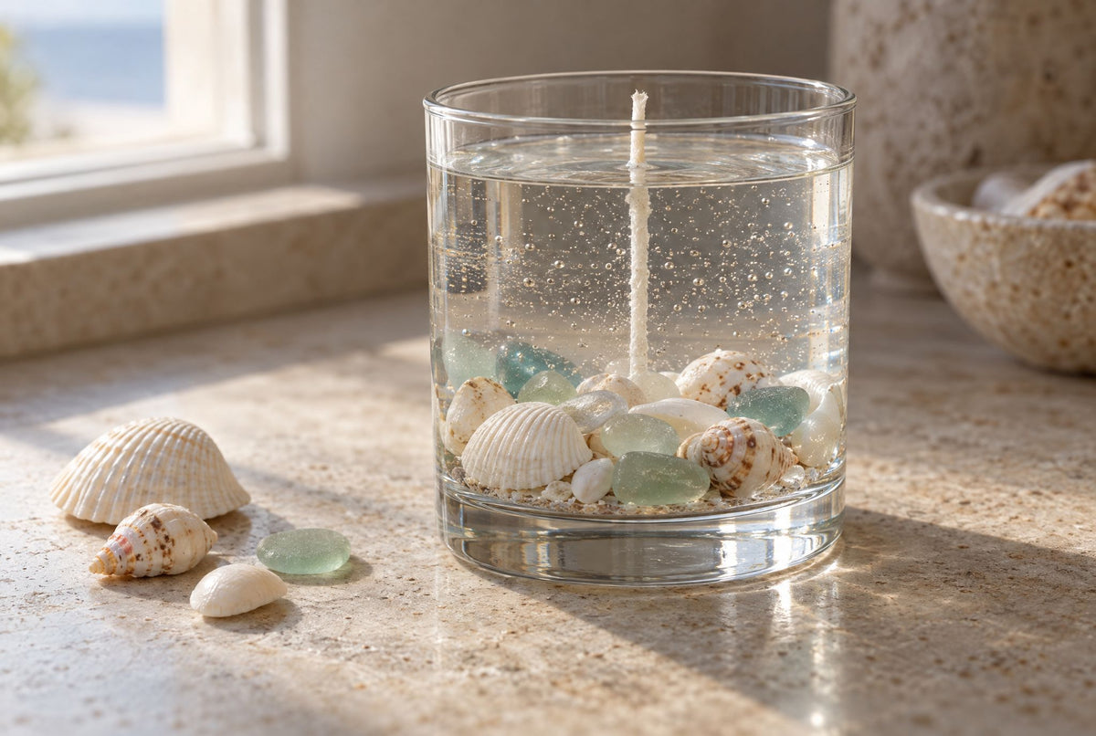 A clear gel candle in a glass tumbler with seashells and sea glass at the bottom, beside loose shells on a stone worktop