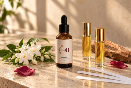 Scent DNA Jasmine perfume oil dropper bottle with two gold-capped roll-on bottles, jasmine flowers, rose petals, sandalwood and smelling strips