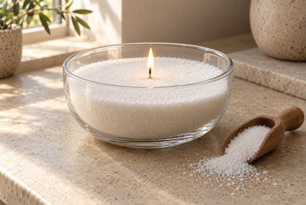 A glass bowl filled with white sand wax granules with a lit wick in the centre, and a wooden scoop of granules beside it