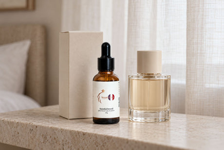 Scent DNA Sandalwood perfume oil beside its box and a perfume bottle on a shaded stone shelf, with sheer curtains keeping the sun off them