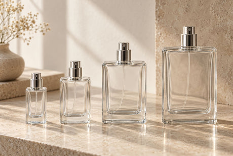 Four empty square glass perfume bottles with silver spray pumps, in a row from smallest to largest