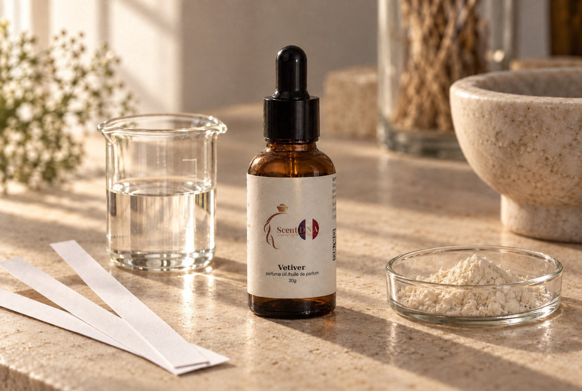 Scent DNA Vetiver perfume oil dropper bottle beside a beaker of clear liquid, smelling strips and a dish of fine powder on a stone bench