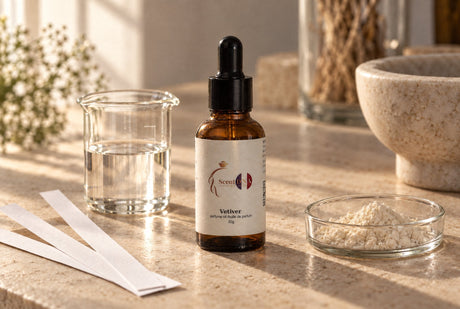 Scent DNA Vetiver perfume oil dropper bottle beside a beaker of clear liquid, smelling strips and a dish of fine powder on a stone bench