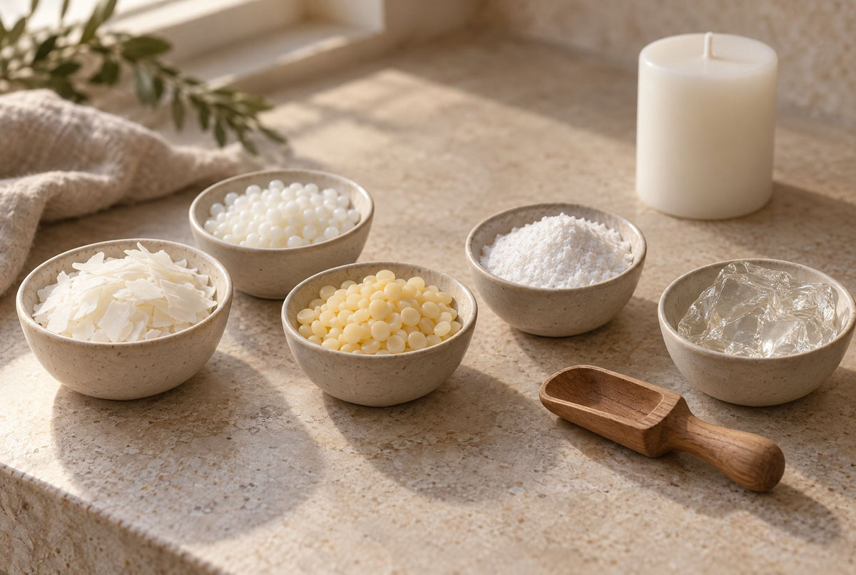 Small stone bowls of soy wax flakes, wax beads, beeswax pastilles, powdered wax and clear gel wax beside a wooden scoop and a white pillar candle