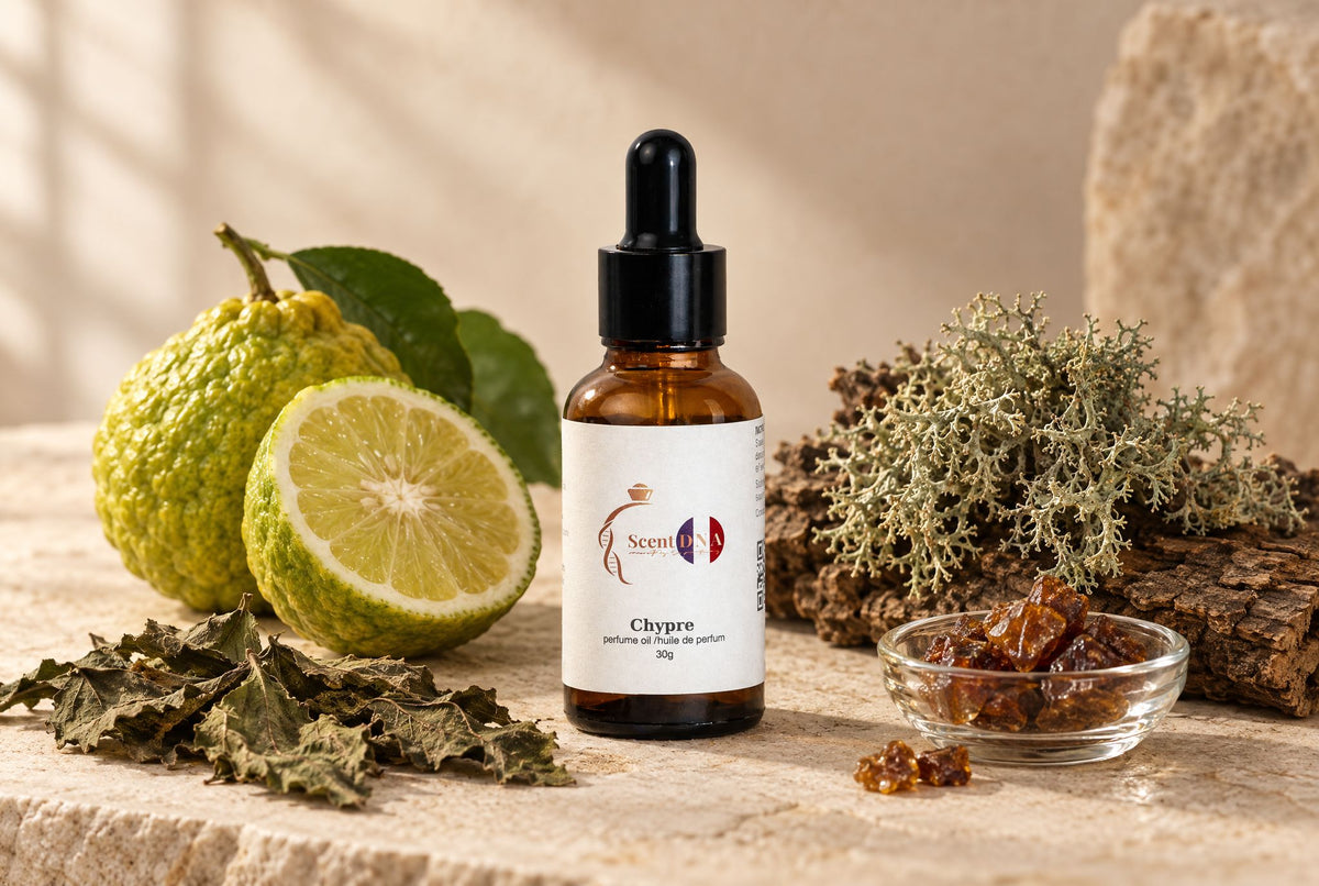 Scent DNA Chypre perfume oil dropper bottle with bergamot, oak moss, labdanum resin and patchouli leaves on a stone surface