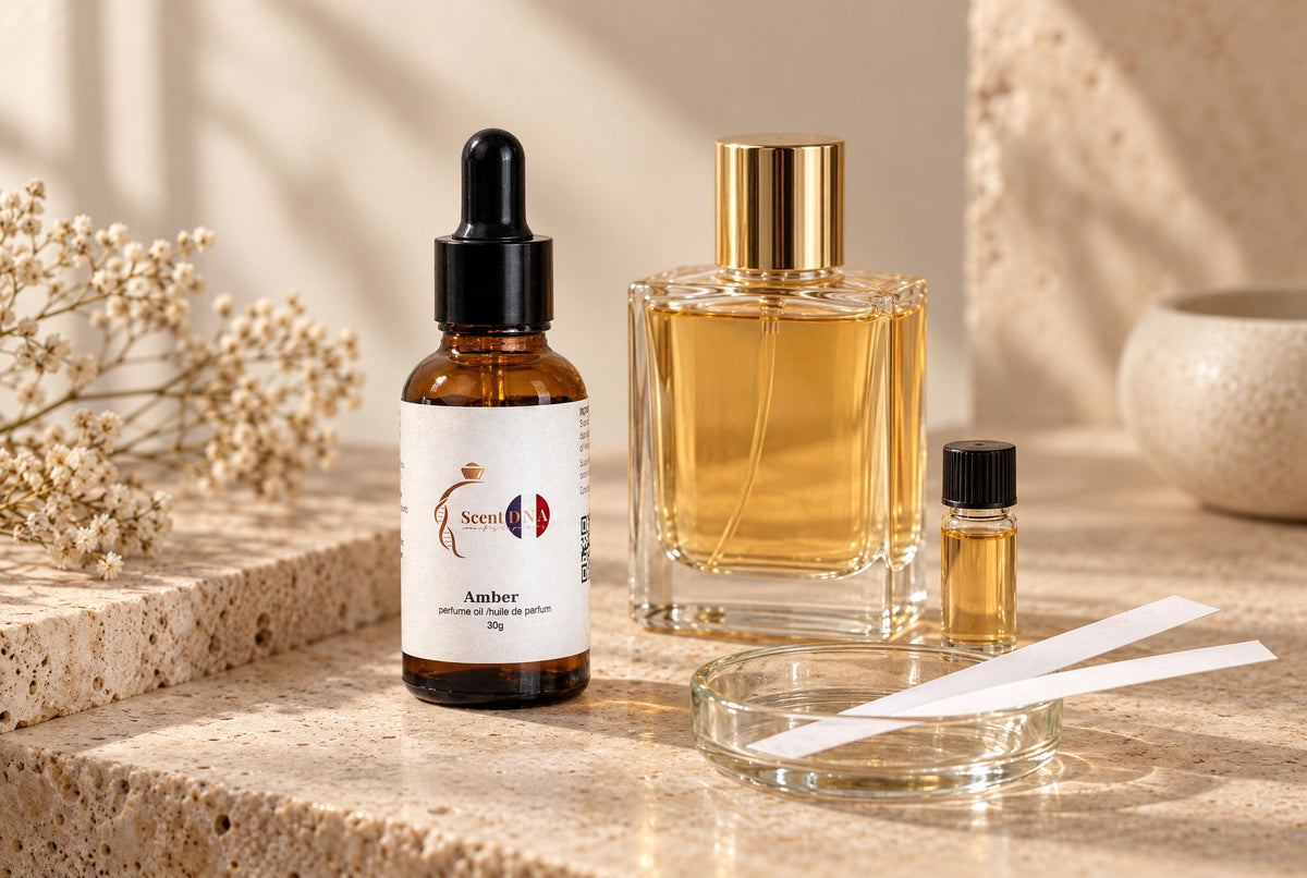 Scent DNA Amber perfume oil dropper bottle beside an unbranded 100ml eau de parfum spray, a 3ml sample vial and smelling strips