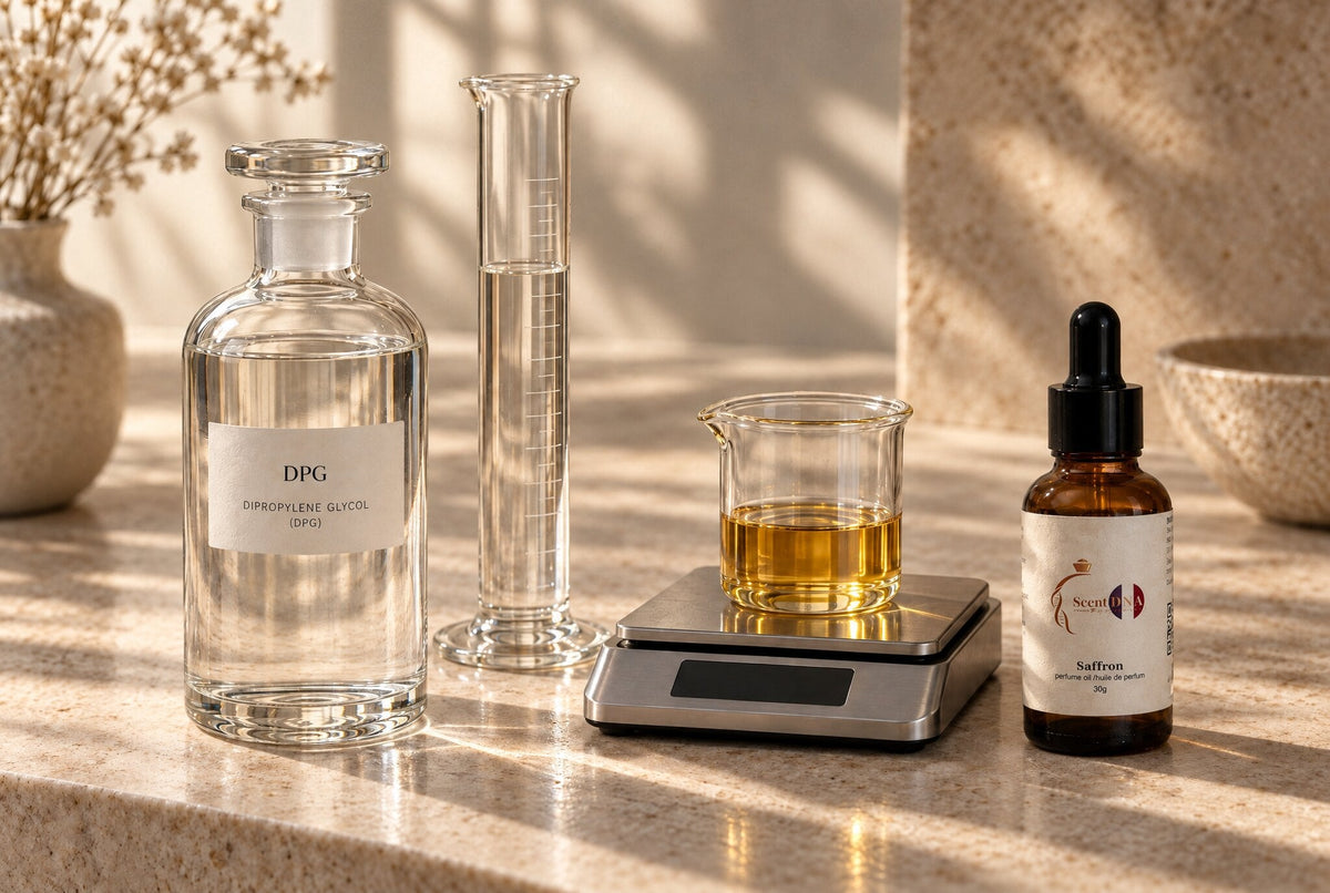 A clear bottle of DPG beside a measuring cylinder, a beaker of perfume oil on a digital scale and a Scent DNA Saffron perfume oil bottle