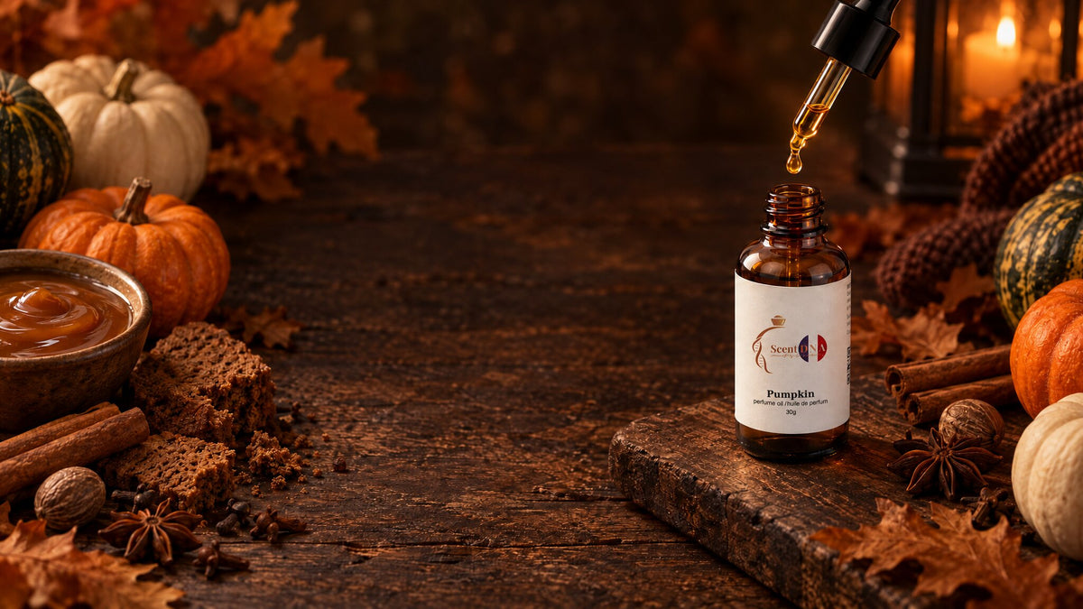 Scent DNA Pumpkin perfume oil in a 30g amber dropper bottle on a wooden board with pumpkins, caramel and cinnamon