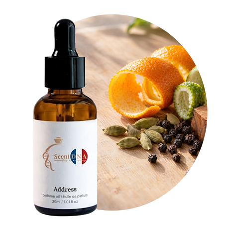 Address Perfume Oil, 30ml amber dropper bottle, with orange and bergamot peel, cardamom, pepper and cedar