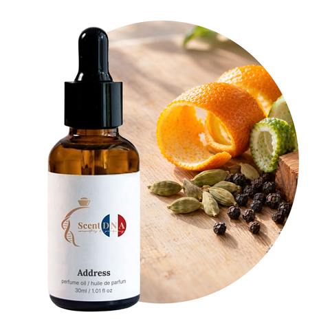 Address Perfume Oil, 30ml amber dropper bottle, with orange and bergamot peel, cardamom, pepper and cedar