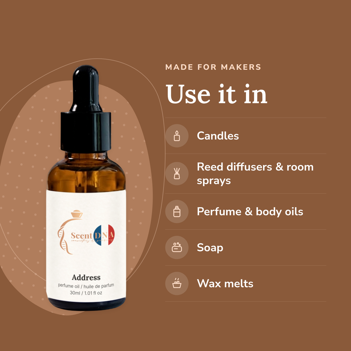 Address Perfume Oil uses: candles, reed diffusers & room sprays, perfume & body oils, soap, wax melts
