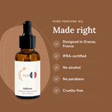 Address Perfume Oil: designed in Grasse, IFRA-certified, no alcohol, no parabens, cruelty-free