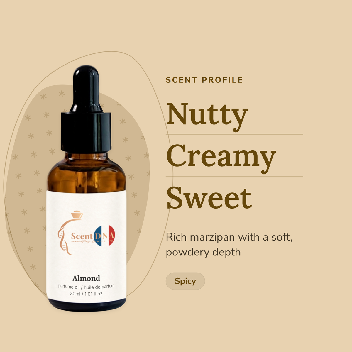 Almond Perfume Oil scent profile: nutty, creamy, sweet. Rich marzipan with a soft, powdery depth