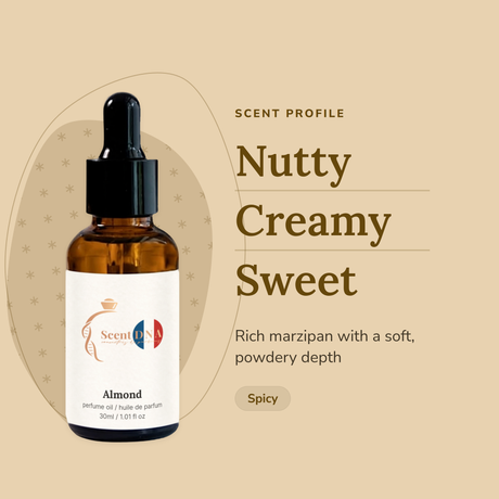 Almond Perfume Oil scent profile: nutty, creamy, sweet. Rich marzipan with a soft, powdery depth