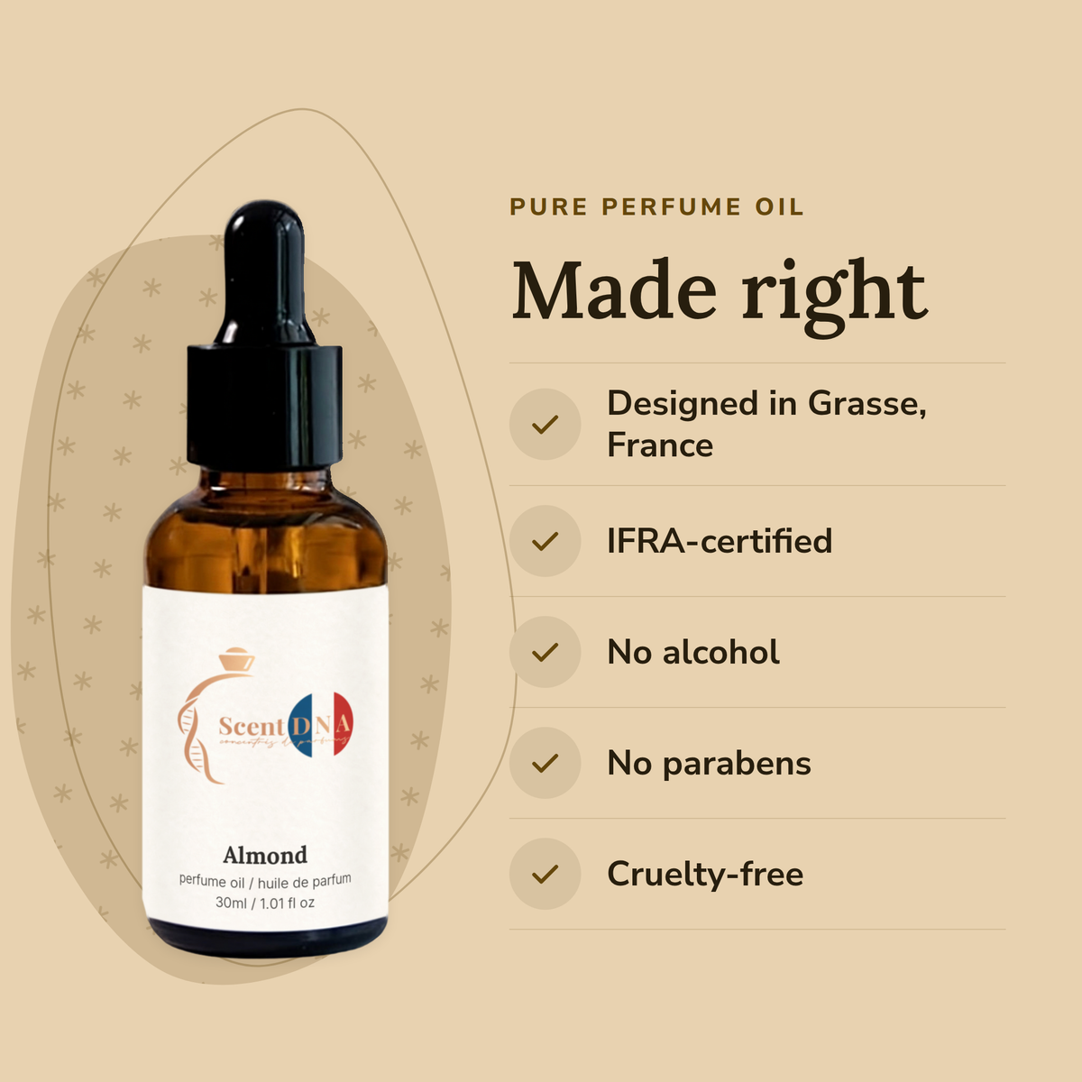 Almond Perfume Oil: designed in Grasse, IFRA-certified, no alcohol, no parabens, cruelty-free