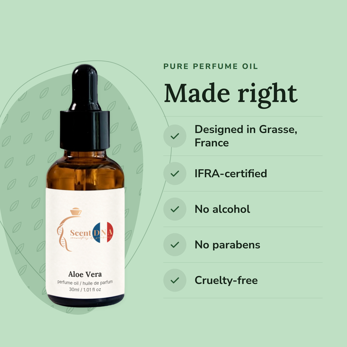Aloe Vera Perfume Oil: designed in Grasse, IFRA-certified, no alcohol, no parabens, cruelty-free
