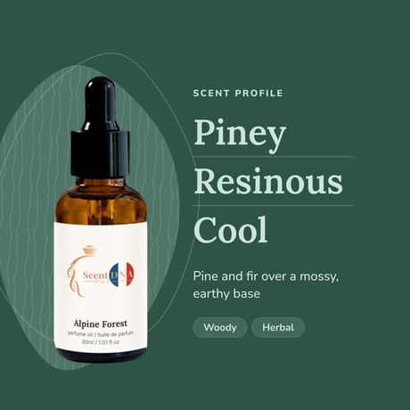 Alpine Forest Perfume Oil scent profile: piney, resinous, cool. Pine and fir over a mossy, earthy base