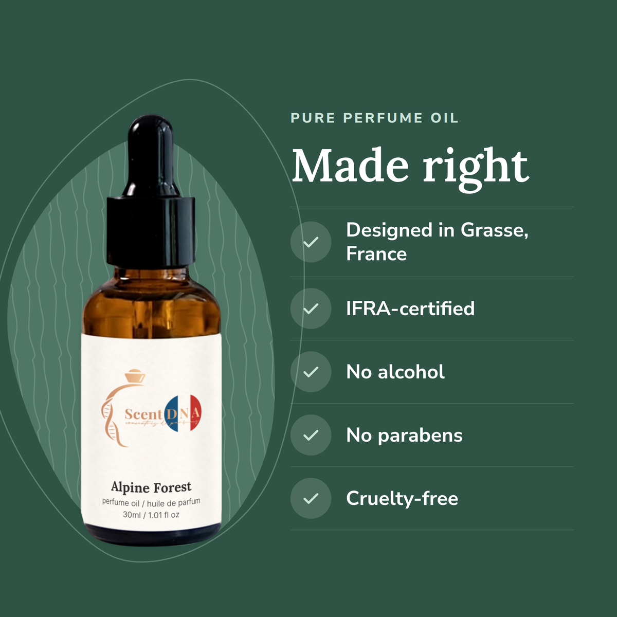 Alpine Forest Perfume Oil: designed in Grasse, IFRA-certified, no alcohol, no parabens, cruelty-free